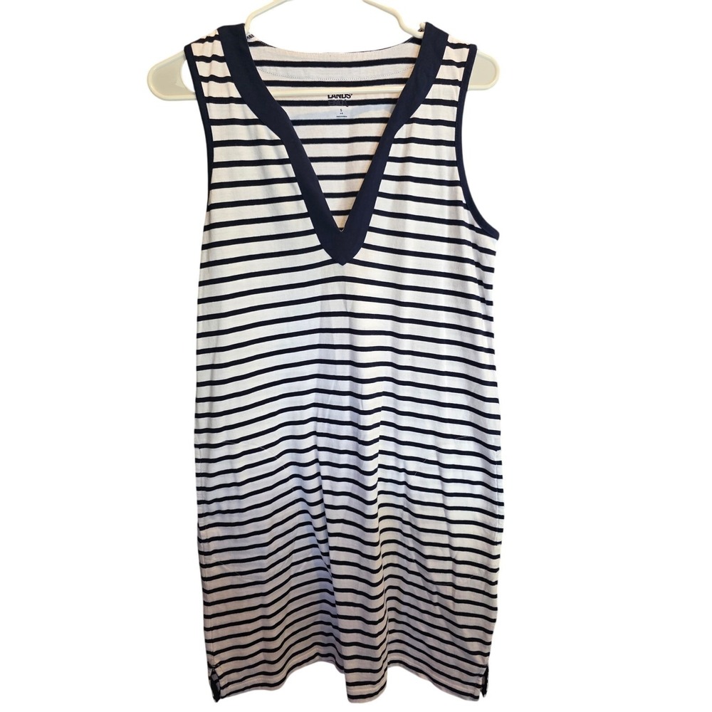 Lands End Tank Dress S 6-8 Womens Striped V Neck Classic Casual Midi Pullover